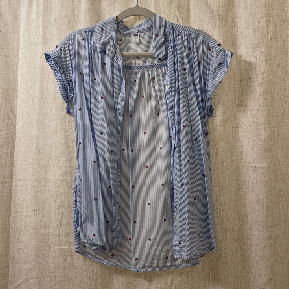 Old navy blue and white stripe with watermelon button down shirt, size medium